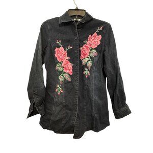 DG2 By Diane Gilman Denim Floral Button-Up Shirt Womens XS Dark Blue Pink Flower